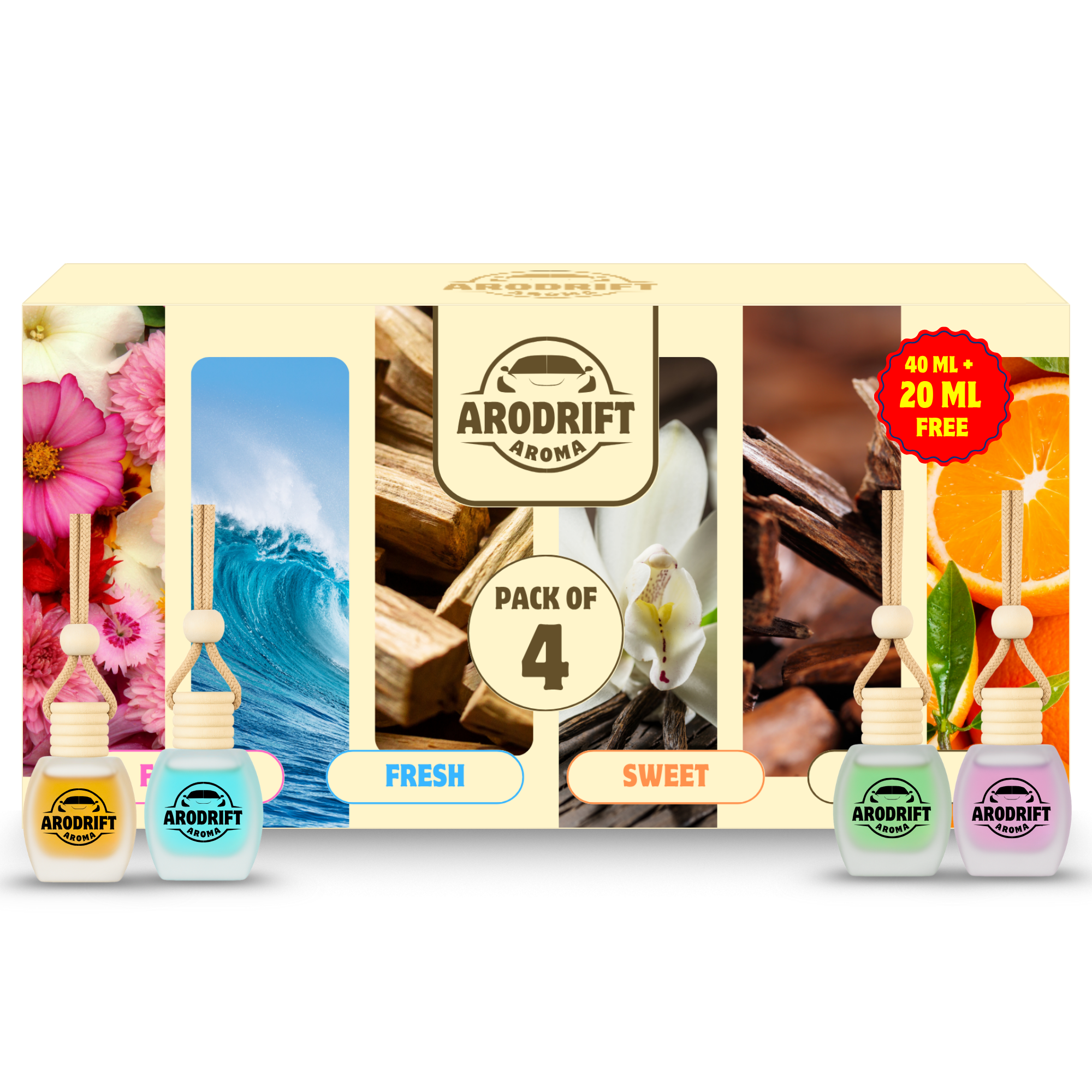 AroDrift Premium Hanging Car Perfume Combo  - Pack of 4 (60 ml) | Aroma with Essential Oils | Last Upto 120 Days