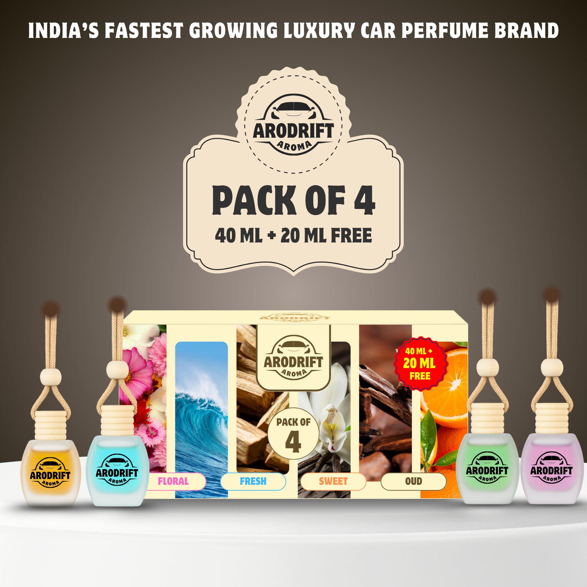 AroDrift Premium Hanging Car Perfume Combo  - Pack of 4 (60 ml) | Aroma with Essential Oils | Last Upto 120 Days
