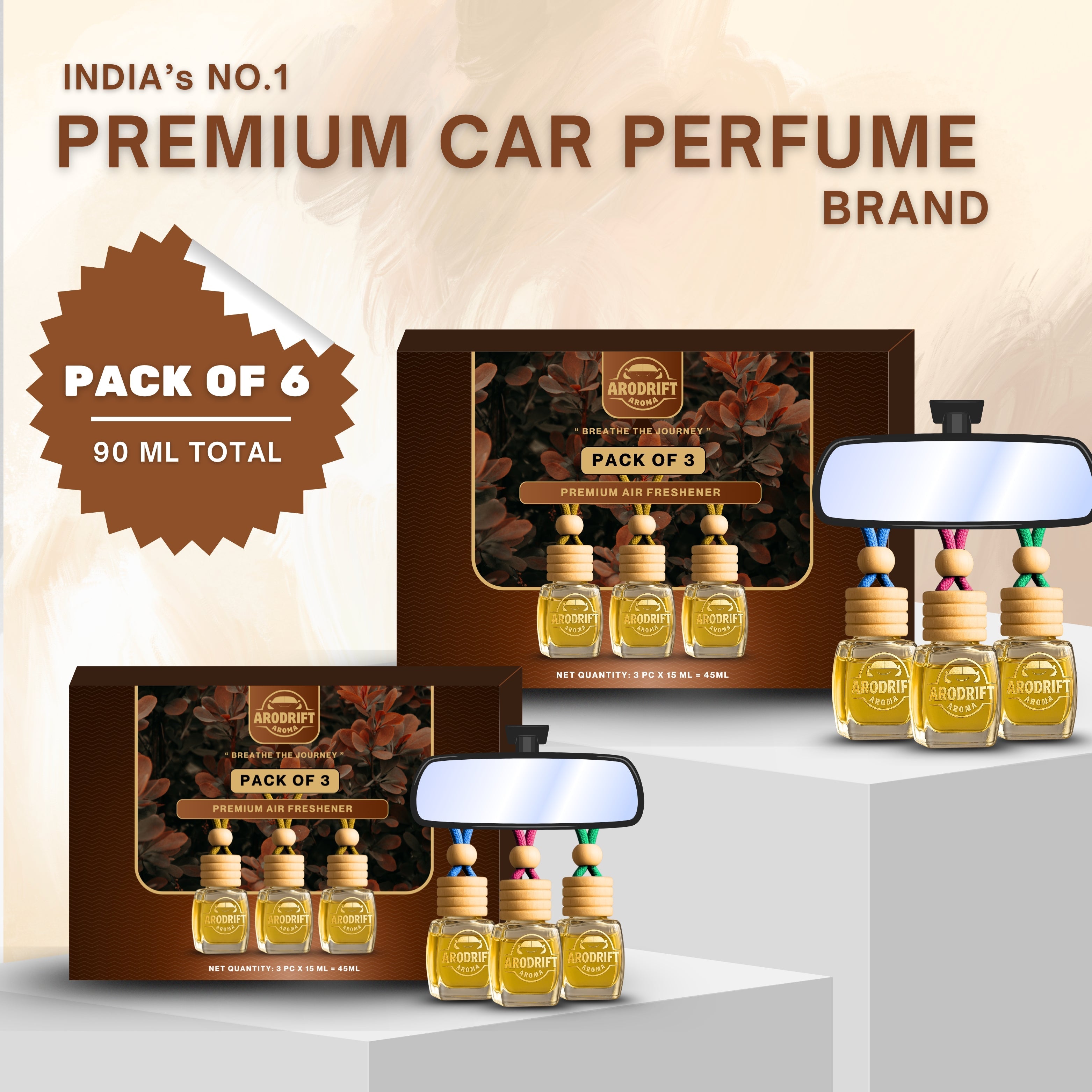 AroDrift Premium Hanging Car Perfume | Combo Pack Of 6 | Last Up to 120 Days | Made From Natural Essential Oils | 15ML X 6 Bottle | 90 ML