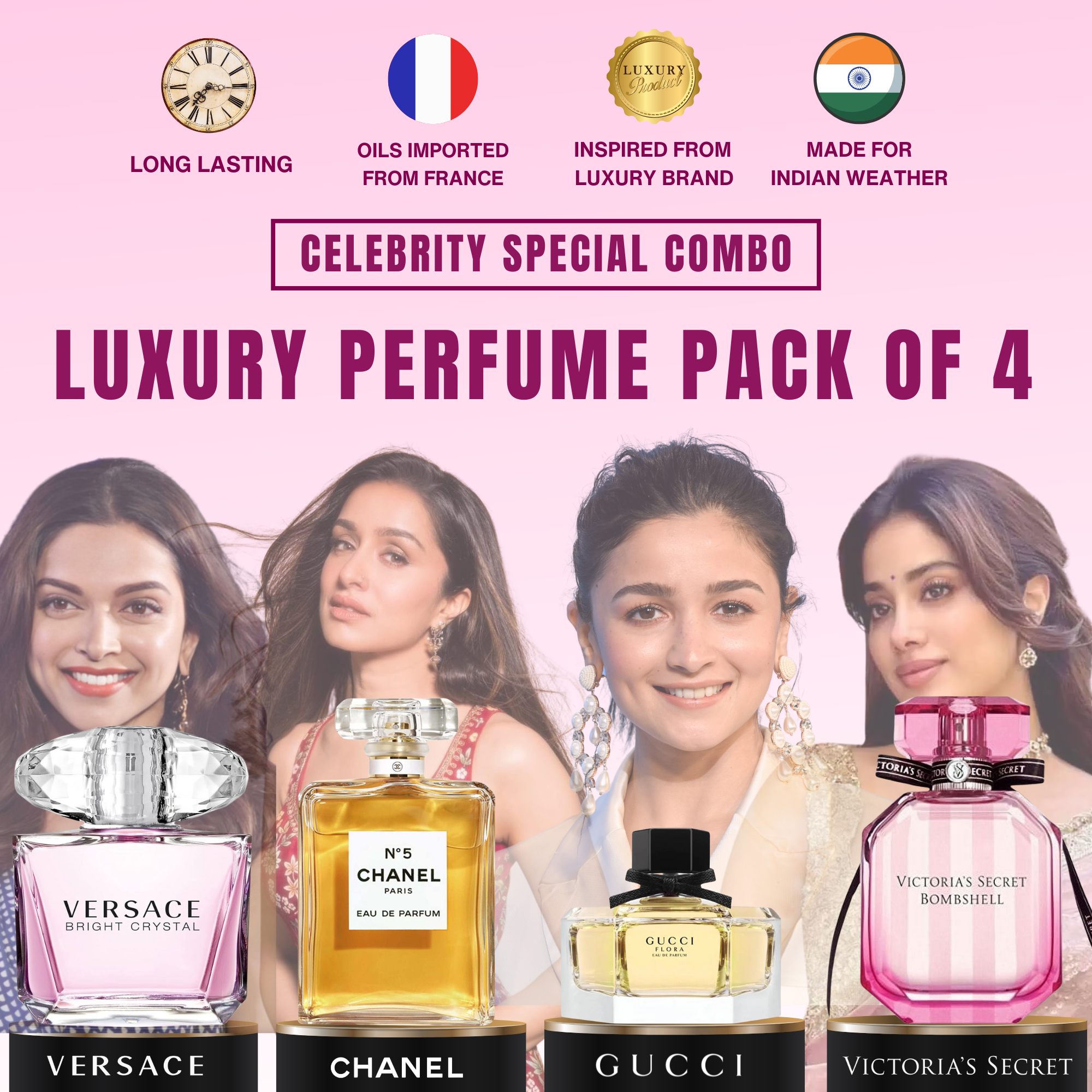 Varsace Bright Crystal | Chanel No.5 | Gucci Flora | Victoria Secret Bombshell Inspired Perfume Combo Giftset [Pack of 4]